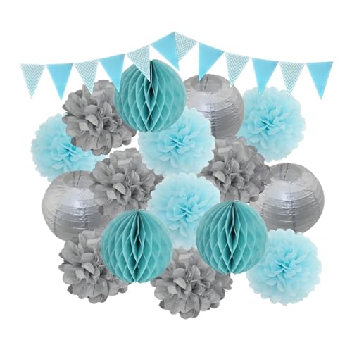 WENH Gold Beige Set Runde Papierlaterne Banner Wabenball for 1. Geburtstag DIY Dekor Brautparty Hochzeitsfeier(Silver Light Blue) von WENH