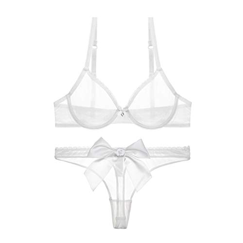 Damen durchsichtiger BH und Tanga-Set, transparent, Netzstoff, sexy Unterwäsche, Push-Up-BH, 2-teilig (Farbe: Weiß, Größe: 75B) von WENJUN