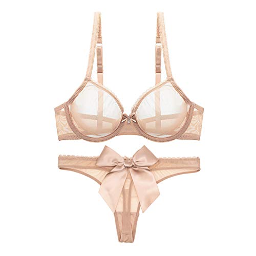 WENJUN Damen durchsichtiger BH und Tanga-Set, transparent, Netzstoff, sexy Unterwäsche, Push-Up-BH, 2-teilig (Farbe: Hautton, Größe: 80B) von WENJUN