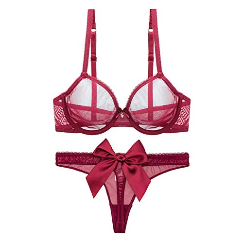 WENJUN Damen durchsichtiger BH und Tanga-Set, transparent, Netzstoff, sexy Unterwäsche, Push-Up-BH, 2-teilig (Farbe: Rot, Größe: 70A) von WENJUN