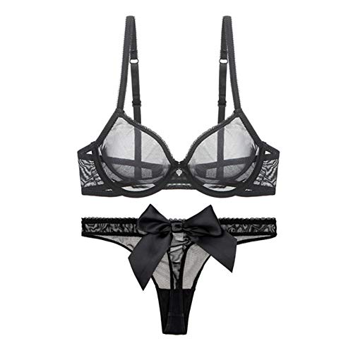 WENJUN Damen durchsichtiger BH und Tanga-Set, transparent, Netzstoff, sexy Unterwäsche, Push-Up-BH, 2-teilig (Farbe: Schwarz, Größe: 75B) von WENJUN