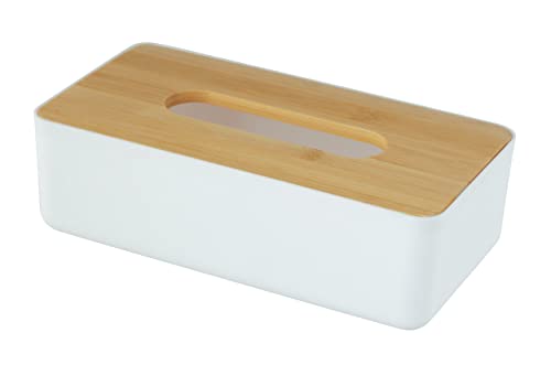 WENKO Kosmetiktuchbox Rotello, Box für Kosmetiktücher oder Taschentücher, Kunststoffbox mit Deckel aus Bambus, leichte Entnahme, zum Verstauen handelsüblicher Pappboxen, 24 x 7,5 x 12,7 cm, Weiß/Natur von WENKO