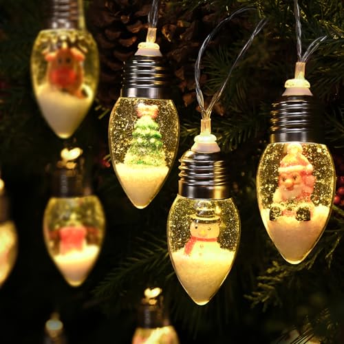 WENMER 2 x 30 cm lange Weihnachts-Schneekugel-Lichterkette, 20 klare Glühbirnen, Weihnachts-Lichterkette mit Schnee und niedlichen Ornamenten, batteriebetriebene Lichterkette für Weihnachtsbaum, von WENMER