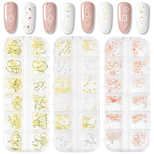 WENRERO Nail Art Kit, 3 Stück Metall Nagel Kunst 3D Epoxidharz Füllmaterial Harzfüller für Nägel, Gold, Romantic, Wasserabweisend, Lagerbox von WENRERO