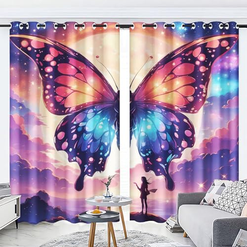 WEQEER 3D Schmetterling Verdunkelungsvorhänge Anime Schmetterlings mädchen vorhänge Mit Ösen Bunt Schmetterling Vorhänge Für Kinderzimmer, 2 Paneele (1,100x140cm(2x50x140cm)) von WEQEER