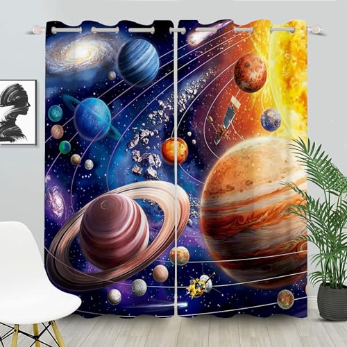 WEQEER Kinder Blickdichte Vorhänge Galaxie Planet Verdunklungsvorhang Weltraum-Vorhänge, Sonnensystem, Erde, Galaxie, Sternenhimmel Blickdichte Vorhänge Jungen (3,100×140BxH (50×140cm×2)) von WEQEER