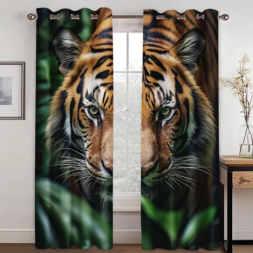 WEQEER Tiger Fenstervorhang Anime Wilde Tiere Vorhang Blickdicht Mit Ösen, 3D Druck Cartoon Vorhänge Für Kinderzimmer Schlafzimmer, 2 Panels (1,100x140cm(2x50x140cm)) von WEQEER