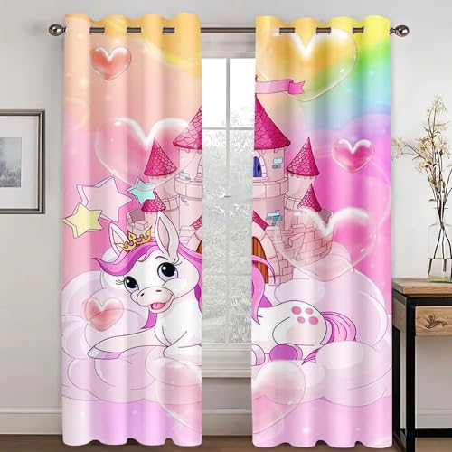 WEQEER Vorhänge Blickdicht Einhorn Verdunklungsgardine Karikatur Rosa Pferd Kinder Fenstervorhang Regenbogen Wolken drucken Vorhang für Kinderzimmer (2,100x140cm(2x50x140cm)) von WEQEER