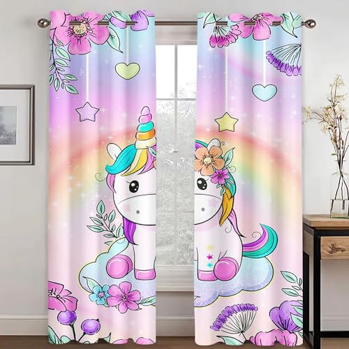 WEQEER Vorhänge Blickdicht Einhorn Verdunklungsgardine Karikatur Rosa Pferd Kinder Fenstervorhang Regenbogen Wolken drucken Vorhang für Kinderzimmer (4,150x166cm(2x75x166cm)) von WEQEER