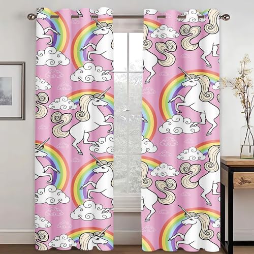 WEQEER Vorhänge Blickdicht Einhorn Verdunklungsgardine Karikatur Rosa Pferd Kinder Fenstervorhang Regenbogen Wolken drucken Vorhang für Kinderzimmer (8,100x140cm(2x50x140cm)) von WEQEER