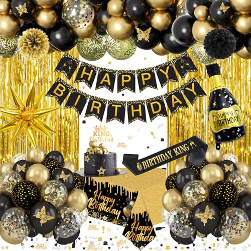 Schwarz und Gold Geburtstag Party Dekorationen mit Happy Birthday Banner, Bday King Schärpe, Latex Konfetti Luftballons, 3D Schmetterling, Fransenvorhang, Tischdecke, Pom Poms für Männer Jungen Party Schwarz und Gold Geburtstag Party Dekorationen mit Happy Birthday Banner, Bday King Schärpe, Latex Konfetti Luftballons, 3D Schmetterling, Fransenvorhang, Tischdecke, Pom Poms für Männer Jungen Party von WEQTWL