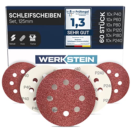 WERKSTEIN 60 Stück Schleifpapier 125mm Klett - Je 10x P40/60/80/120/180/240 Exzenterschleifer 125mm Schleifpapier, 8 Löcher - 125mm Schleifscheiben 125mm Klett für Metall, Holz uvm. von WERKSTEIN