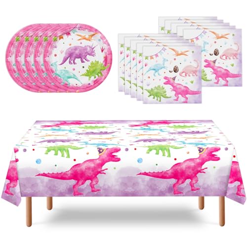 WERNNSAI Aquarell Dinosaurier Partyzubehör – Partyteller Servietten und Tischdecke für Mädchen Geburtstagsparty Dekorationen Dessertteller Servietten Geschirr für 16 Gäste Party Supplies Set von WERNNSAI