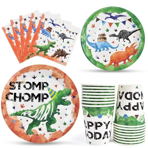 Dinosaurier Party Supplies - Dinosaurier Party Geschirr für Jungen Geburtstag inklusive Mittagessen Abendessen Teller Dessert Servietten Papierbecher für 16 Gäste 64 Stück von WERNNSAI