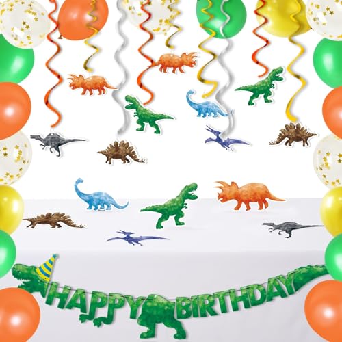 WERNNSAI Dinosaurier Geburtstagspartyzubehör – 65 PCS Satz inklusive HAPPY BIRTHDAY Dinosaurier Ziehen Sie die Fahne zum Luftballons Bänder und T Rex Wanddekoration für Jungen Dschungelweltparty von WERNNSAI