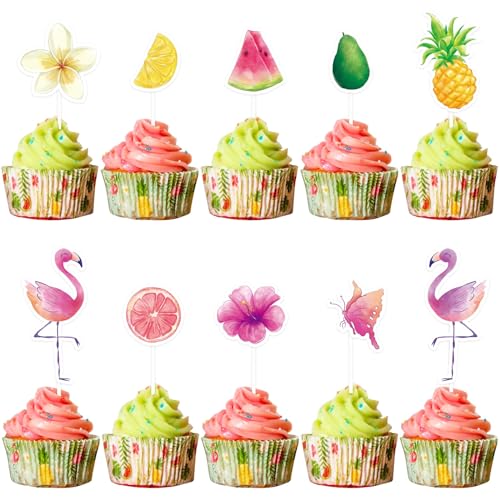 WERNNSAI Flamingo Cupcake Topper – 40 Stück hawaiianische Kuchentopper für Kinder und Mädchen Geburtstagsparty Zubehör Blumen Obst Cupcake Kuchendekorationen für Sommerpartys Babyparty Dekorationen von WERNNSAI