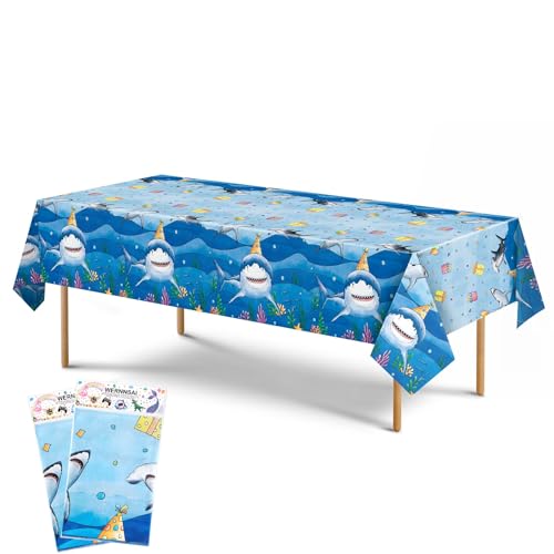 WERNNSAI Hai Tischdecke - 2 Stück 137 x 274cm Hai Motiv Rechteckige Tischdecke Geburtstag Party Dekorationen für Kinder Jungen Baby Dusche Blauer Ozean Hai Unter dem Meer Thema Party Zubehör von WERNNSAI