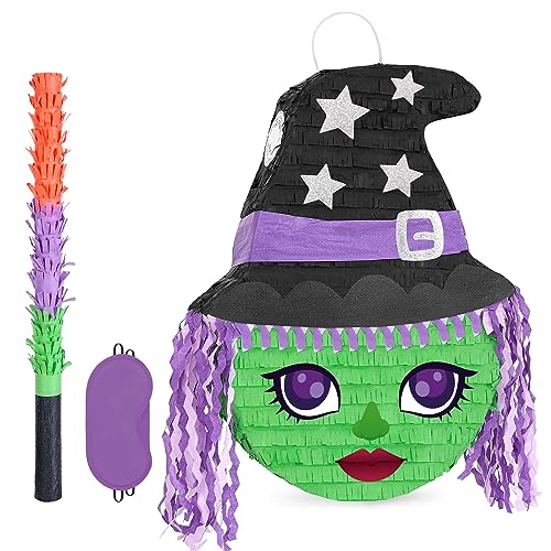 WERNNSAI Halloween Hexe Pinata-Hexe Pinata mit Stock Augenbinde für Kinder Jungen Halloween Party Spiele Familie Spiel Nacht Halloween Hexe Hängend Dekorationen Mexikanische Tag der Toten 41,4 x 31 CM von WERNNSAI