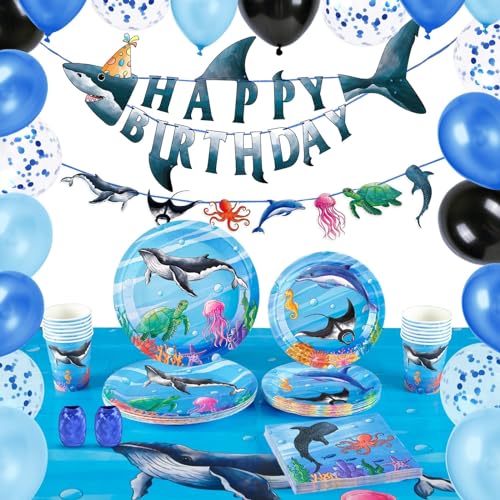 Ocean Party Supplies Set – 88-teiliges Partygeschirr-Set mit Ozean-Thema, Partyteller, Servietten, Tischdecke für 16 Gäste, Unterwasserwal-Party-Dekorationen, Geburtstag, Baby-Shwer, Partygeschenke von WERNNSAI