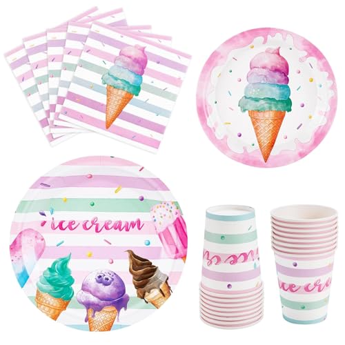 WERNNSAI Eiscreme Partyzubehör Set – Eis Partydekorationen für Mädchen Kindergeburtstage Sommerpartys Geschirrset enthält 64 Stück Partyteller Becher Servietten ice cream Party Supplies Set von WERNNSAI