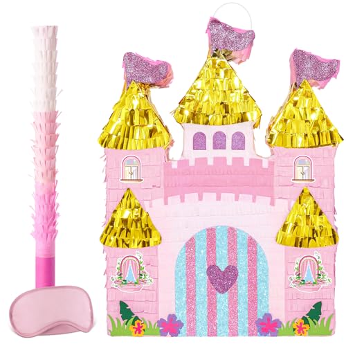 Prinzessin Castle Pinata – Prinzessin Geburtstag Party Dekorationen Rosa Prinzessin Pinata mit Augenbinde und Fledermaus für Geburtstag Mädchen Kinder Familienspiel Prinzessin Thema Geburtstag Party von WERNNSAI