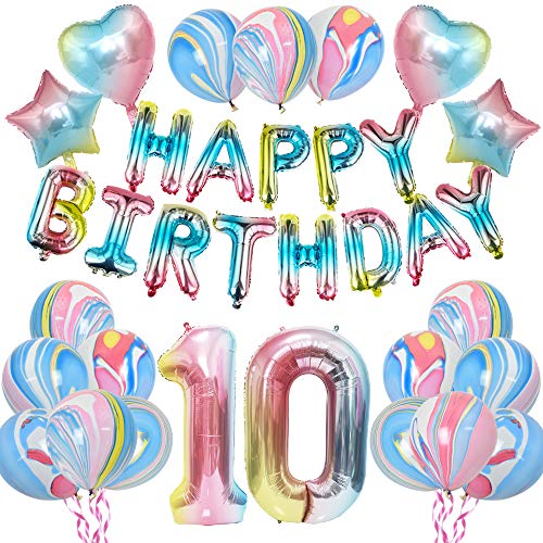 WERNNSAI Regenbogen 10 Geburtstag Party Dekorationen -Mädchen Geburtstag Party Lieferungen Umfassen HAPPY BIRTHDAY Ballon Banner, Riese Nummer 10Vereiteln Ballon, Regenbogen Star und Herz Ballon 28PCS von WERNNSAI