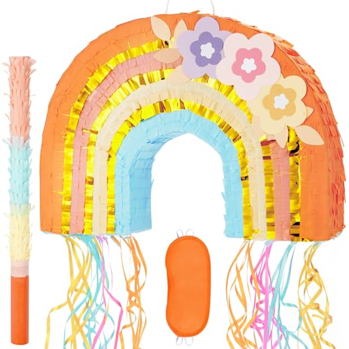 Regenbogen Pinata -Regenbogen Pinata mit Zugschnur mit Bündel mit Augenbinde und Schläger für Mädchen Kinder Pinata Boho Thema Geburtstag Party Dekoration für Babyparty Karneval Sommerparty Zubehör von WERNNSAI