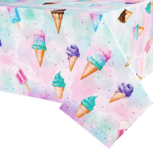 Tischdecke für Eiscreme Partys – 137,2 x 274,3 cm rechteckige Sommer Eiscreme Tischdecke Eiscreme Tischdecke aus Kunststoff Partyzubehör für Mädchen Geburtstag Babyparty Party Dekorationen von WERNNSAI