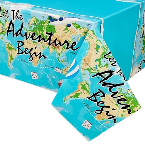 WERNNSAI Adventure Awaits Party-Tischdecke – 2 Stück 137 x 274 cm Reise-Mottopartyzubehör rechteckige Kunststoff-Tischabdeckung Bon Voyage Party-Dekorationen für Ruhestand, Abschlussfeier, Babyparty von WERNNSAI