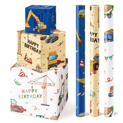 WERNNSAI Bagger Geschenkpapier – 3 Rollen 43,2 x 304,8 cm Jungen Geburtstags Geschenkpapier Kinder Baustelle Geschenkpapier Junge Geschenkpapier Auto mit Schnittlinien von WERNNSAI