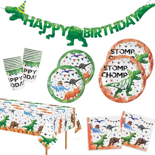 WERNNSAI Dinosaurier Partyzubehör – 98 PCS Dino Geburtstagsparty Dekorationsset für Jungen Dino Banner Abendessen Dessertteller Servietten Becher Tischdeckenset Dino Geschirrset für 24 Gäste von WERNNSAI