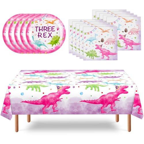 WERNNSAI Aquarell Dinosaurier Partygeschirrset – Dinosaurier Pink Partyzubehör für den 3. Geburtstag für Mädchen Teller Dino Partydekoration für 16 Gäste 33 Teilig von WERNNSAI