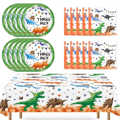 WERNNSAI Dinosaurier-Partyzubehör – Dinosaurier-Geschirr-Set für Jungen und Kinder, drei Rex-Einwegteller, Tischdecke und Servietten, Dino-Themenparty-Dekorationen, für 16 Gäste, 33 Stück von WERNNSAI