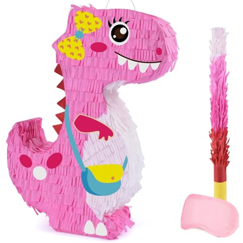 WERNNSAI Dino Pinata - Dinosaurier Geburtstag Party Zubehör für Mädchen Dino Mottoparty Pinata Set mit Augenbinde und Schlagstock Spiel Aktivität Dekoration (40 x 31 x 8 cm) von WERNNSAI