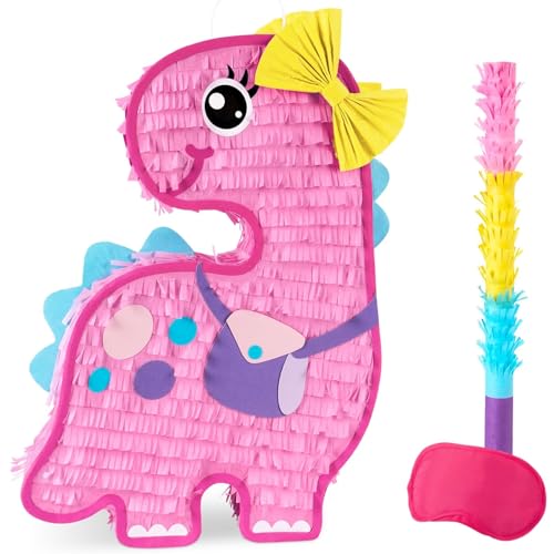 WERNNSAI Dinosaurier Pinata – rosa Pinata Set mit Augenmaske und Schlagstock für Mädchen und Kinder Partyspiel Zubehör mit Pinata Brontosaurus Thema Geburtstagsparty Dekoration Karneval Urlaub von WERNNSAI