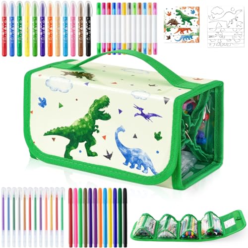 WERNNSAI Dinosaurier Schreibset Malset - 56 Stk Filzstifte Kinder Geschenke für Mädchen mit Dinosaurieren Federmäppchen Mädchen Spielzeug Pustestifte für kinder mit Aufklebern und Malvorlagen von WERNNSAI