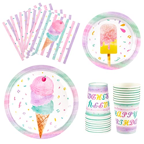 WERNNSAI Eiscreme Teller Servietten und Tassen - Eiscreme und Eis am Stiel Thema Partyzubehör für Mädchen Geburtstag Geschirr Geschirr Dessert Platten Luncheon Servietten 16 Gäste 64 PCS von WERNNSAI