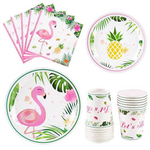 WERNNSAI Flamingo Party Zubehör - Tropische Luau Partydekorationen Geschirr Set Abendessen Dessert Teller Servietten und Tassen für Mädchen Kinder Geburtstag Babydusche 16 Gäste 64PCS von WERNNSAI