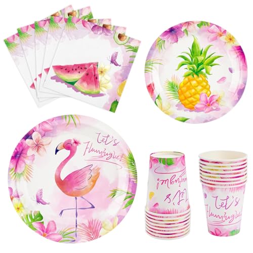 WERNNSAI Flamingo Partyzubehör – 64 tropisches Hawaii Luau Party Dekor Partyteller Servietten Becher rosa Geschirrset für Kinder Mädchen Geburtstagsparty Dekoration von WERNNSAI