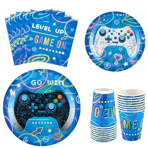 WERNNSAI Videospielparty – 64 teiliges Gamer Geburtstagsparty Dekorationset für Jungen Gaming Abend Geschirrset Ess Dessertteller Servietten für 16 Gäste Game Party Supplies Set von WERNNSAI