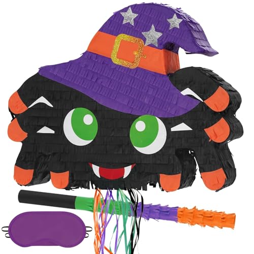 WERNNSAI Halloween Spider Pinata – Zugschnur Halloween Gruselige Pinata Spinne Pinata mit Augenbinde und Fledermaus für Kinder Halloween Süßigkeiten Spiel Supplies Fiesta Feier Halloween Party von WERNNSAI