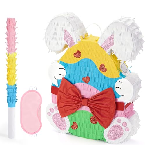 WERNNSAI Kaninchen Piñata Ei Pinata Kinder Pinata Pinata mit Augenbinde und Stock Geburtstagsfeier Schulaktivitäten Spiel Frühlingsparty Spiel Piñata Frühlings Kaninchen Piñata von WERNNSAI