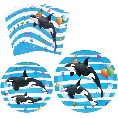 WERNNSAI Orca Partyteller und Servietten – 48 teiliges Orca Geburtstagsparty Zubehör für Kinder Blauer Ozean unter dem Meer Partydekorationen Babyparty Abendessen Dessert Geschirr Set für 16 Gäste von WERNNSAI