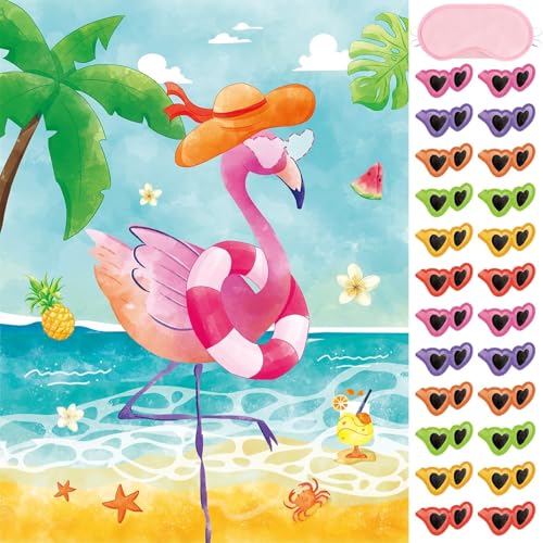 WERNNSAI Pin The Brille Aufkleber auf das Flamingo Spiel – 53 x 72 cm Flamingo Partyspiel mit 24 Stück Brillenaufklebern Tropische Party Wanddekoration für Kinder Mädchen Strand Geburtstag von WERNNSAI