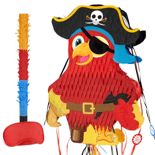 WERNNSAI Piraten Piñata mit Zugschnur – Piraten Piñata mit Augenbinde und Schläger für Jungen Kinder Piñata karibisches Abenteuer Piraten Geburtstagsparty Dekoration Mini Pinata Spiel Fiestas von WERNNSAI