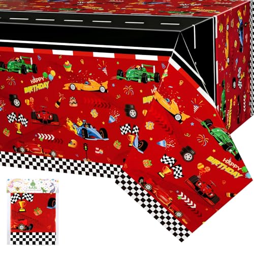 WERNNSAI Rennwagen Tischdecke – 1 Stück 137 x 274 cm rechteckige Rennstrecken Tischdecke Auto Thema Geburtstagsdekoration rote Rennwagen Tischdecke für Kindergeburtstagspartys für Jungen von WERNNSAI