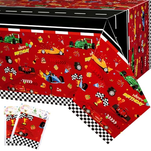 WERNNSAI Rennwagen Tischdecke – 2 Stück 137 x 274 cm rechteckige Rennstrecken Tischdecke Auto Thema Geburtstagsdekoration rote Rennwagen Tischdecke für Kindergeburtstagspartys für Jungen von WERNNSAI