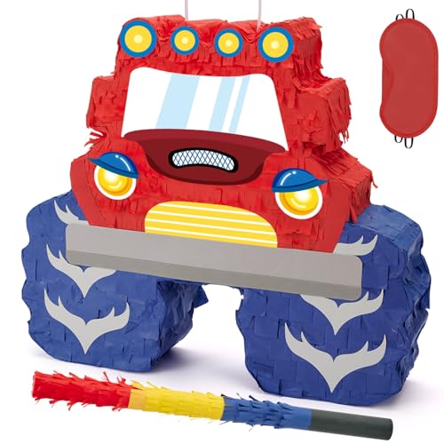 WERNNSAI Monster Truck Piñata –Bundle Pinata mit Augenbinde und Stab Bauen Spielzeugauto Themen Party Zubehör für Kinder Jungen Geburtstag Party Dekorationszubehör Coole Auto Piñata Geschenk von WERNNSAI