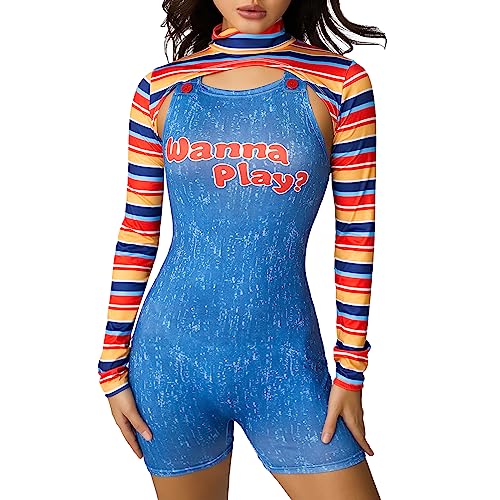 WERNZATT Damen Halloween Gruselige Killer-Puppe Kostüm Gruselige Neuheit Cosplay Party Kleidung Halloween Chucky Puppe Anzug Verkleidung Outfit (B Blau, L) von WERNZATT