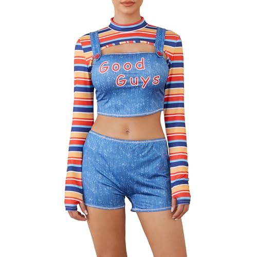 WERNZATT Damen Halloween Gruselige Killer-Puppe Kostüm Gruselige Neuheit Cosplay Party Kleidung Halloween Chucky Puppe Anzug Verkleidung Outfit (Standard, S, D Blau) von WERNZATT